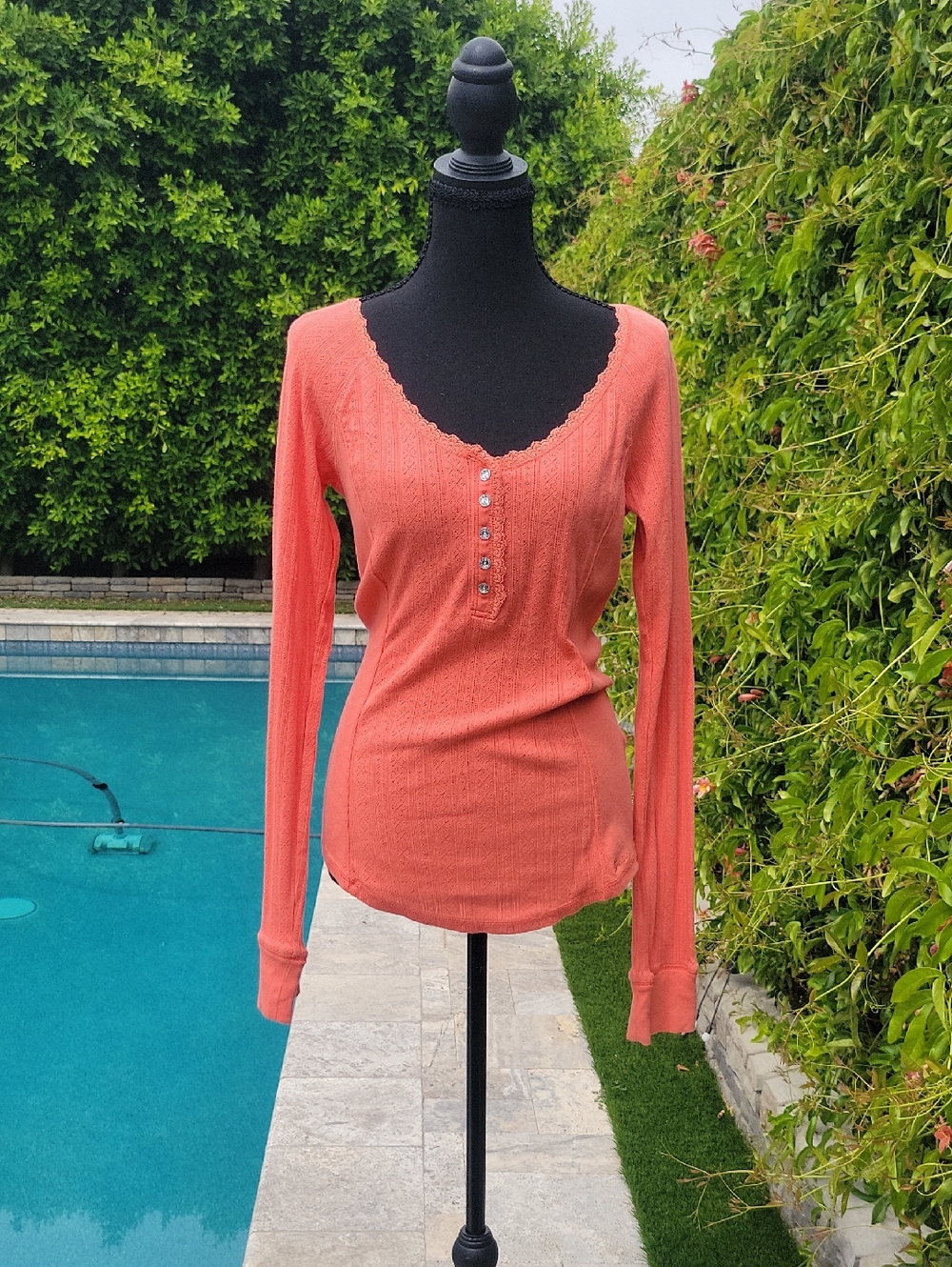 Y2K Guess Coral Orange Long Sleeve Top With Deep V Jewel Button Embellishment XL